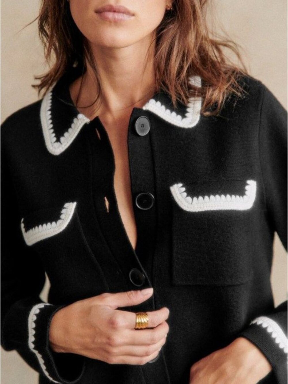 Like New Sezane Betty Merino Wool Crochet Trim Cardigan Black Ecru XXL